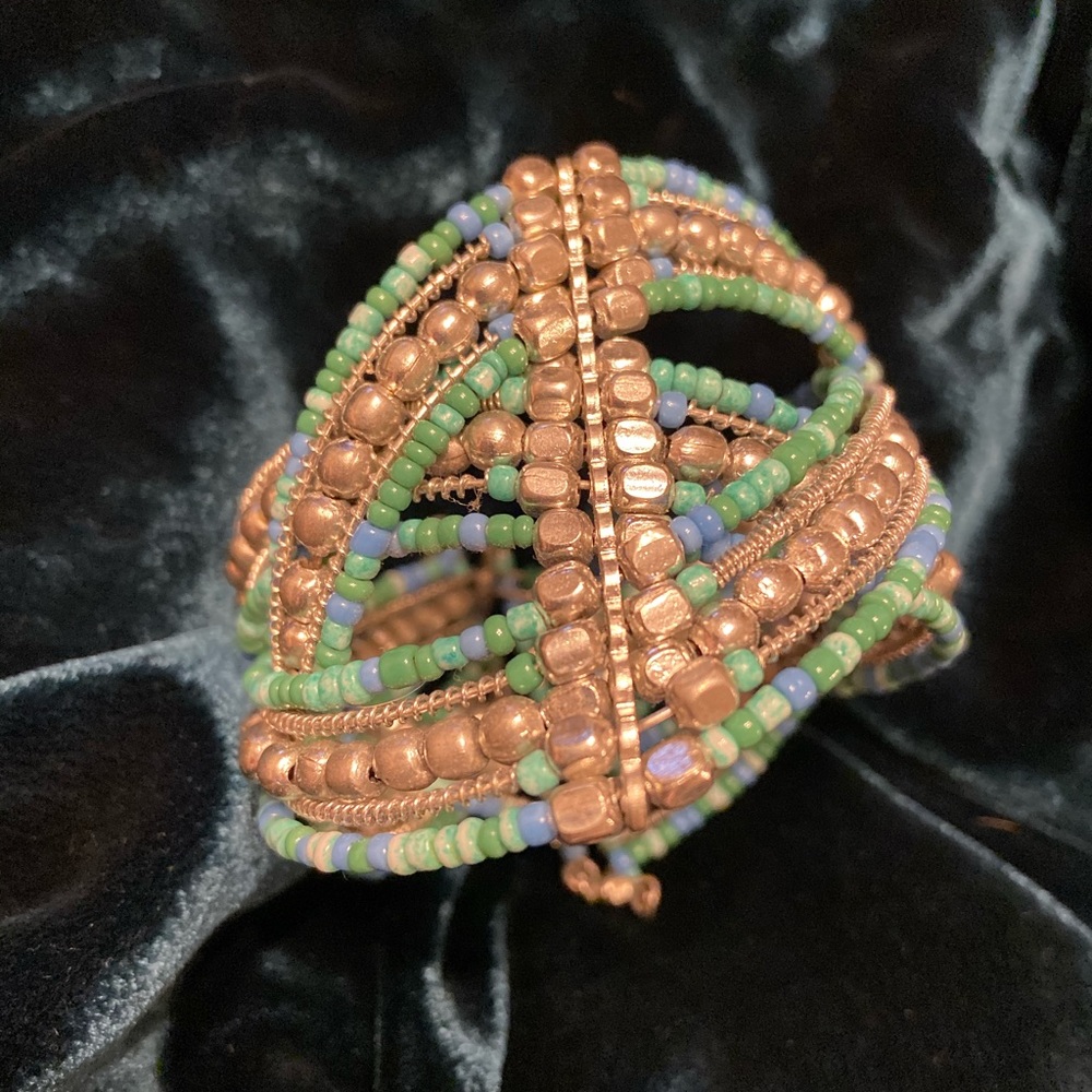 Turquoise and silver beaded wrap bracelet. Boho